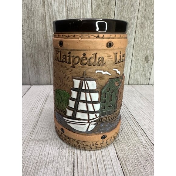 Vtg Klaipeda Lietuva Beer Mug Stein Ceramic Sailboat Lithuania Souvenir 5" Tall - Picture 2 of 11